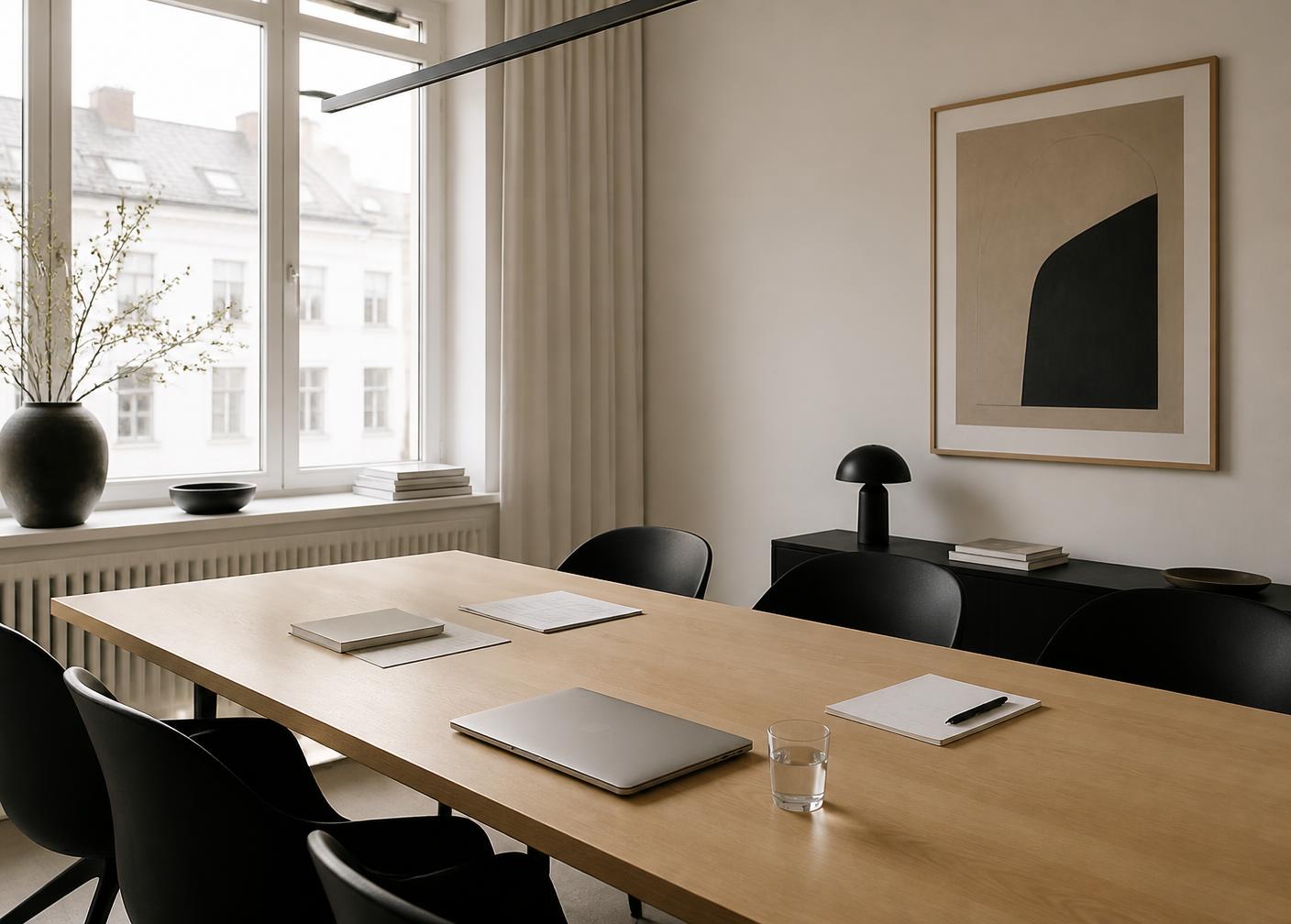 Quiet Scandinavian meeting room with an oak table and daylight