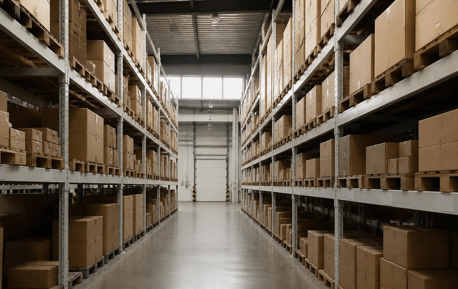 Aisle in a retail distribution warehouse with stocked shelving